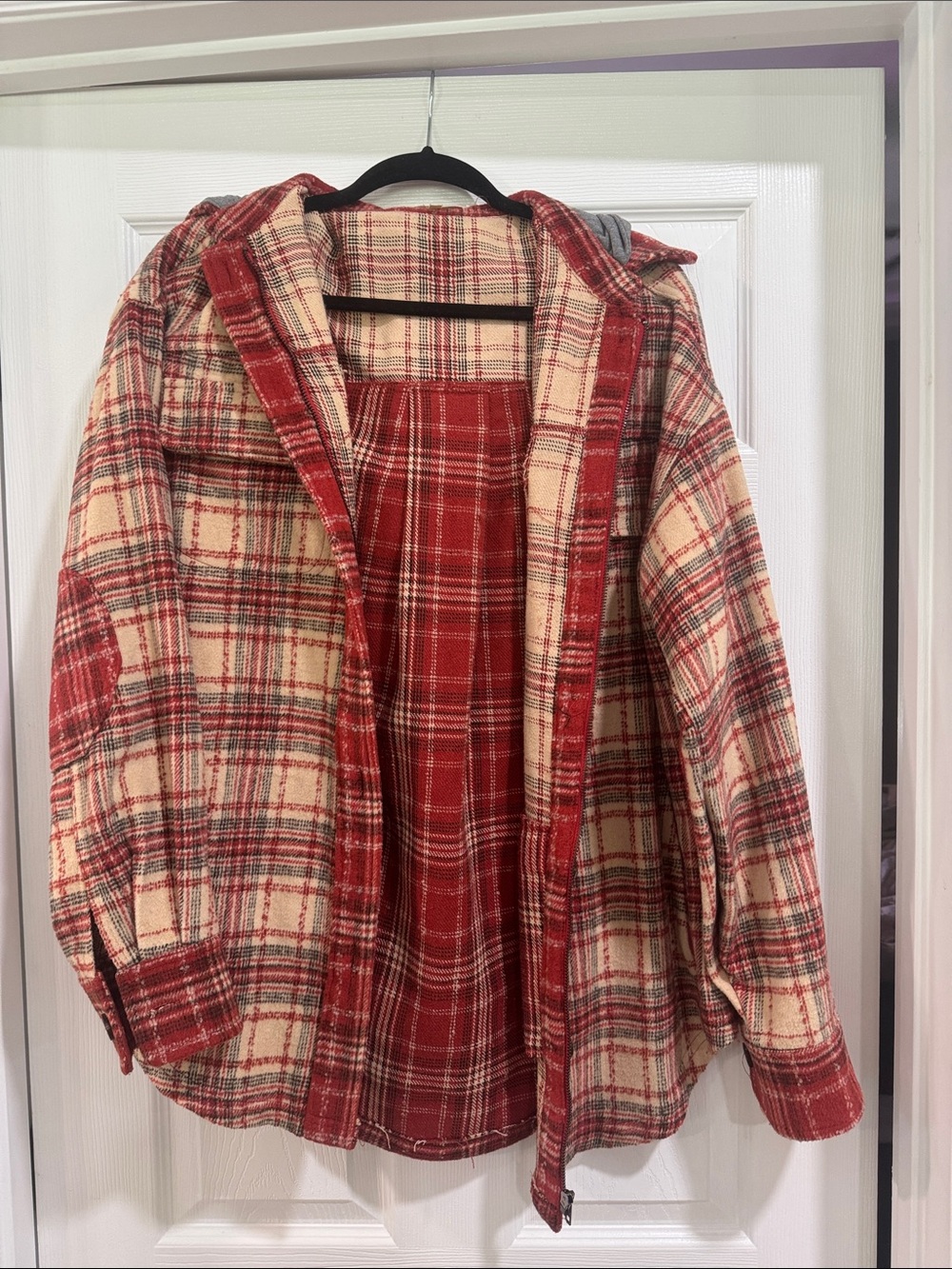 Gilded Intent Red and Cream Plaid Hooded Shacket